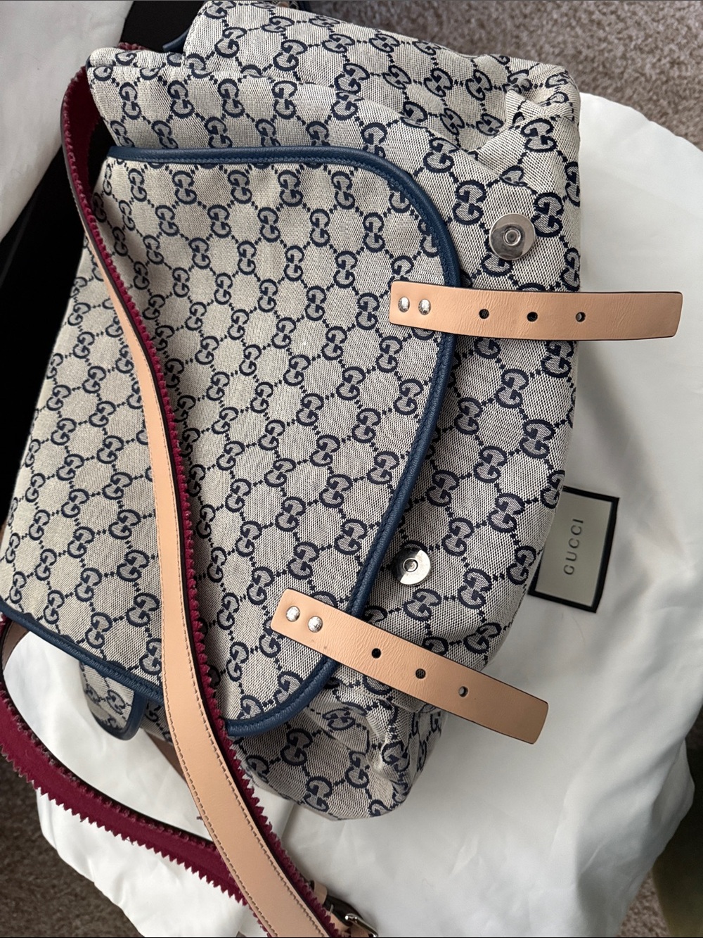 Gucci Navy GG Canvas Diaper Bag with Blue Trim and Red-Edge Strap